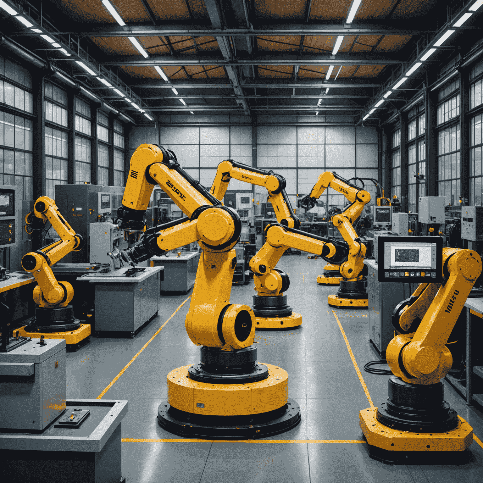 A modern factory floor with robotic arms and AI-powered control systems, showcasing advanced automation technology in action