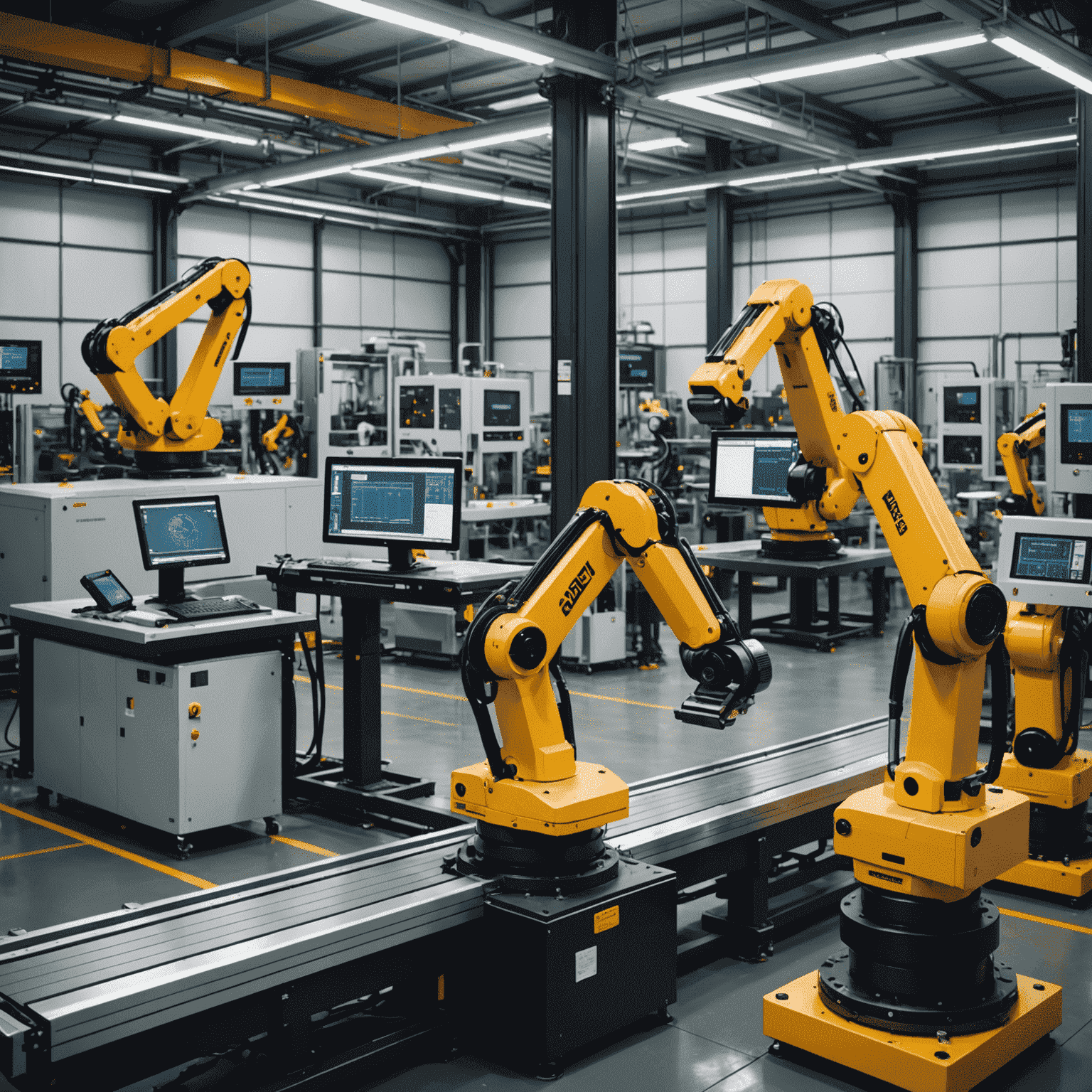 Advanced sensors in a smart factory setting, with robotic arms and conveyor belts equipped with various types of sensors for real-time data collection
