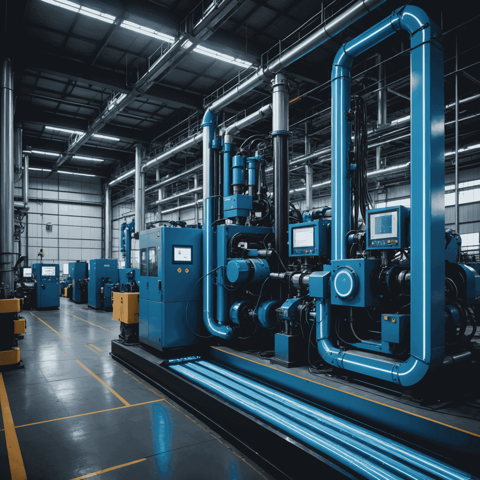 Industrial machinery connected with glowing blue lines representing IoT connectivity in a modern factory setting