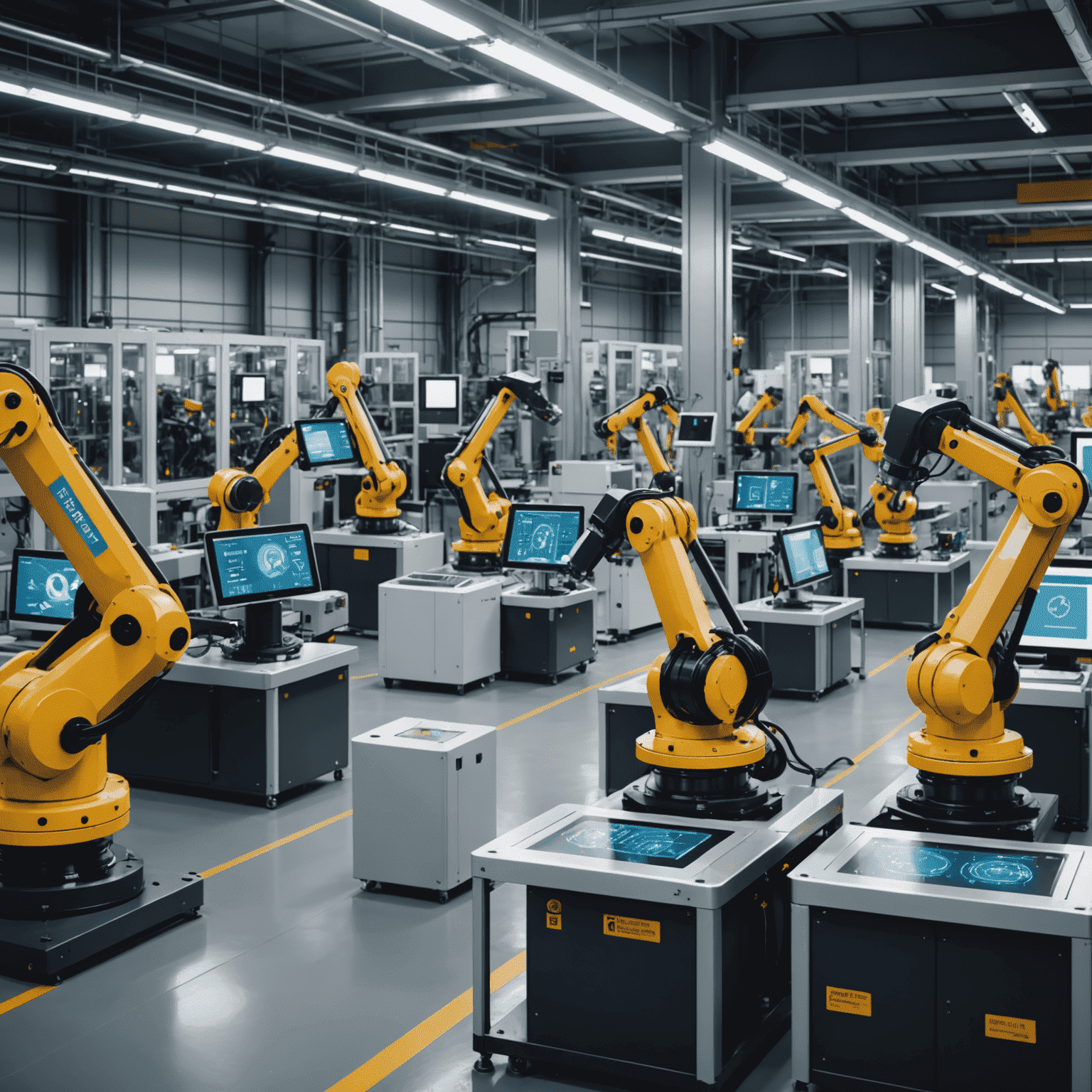 Modern factory floor with connected IoT devices and robots working on an assembly line. Holographic displays show real-time data and analytics.