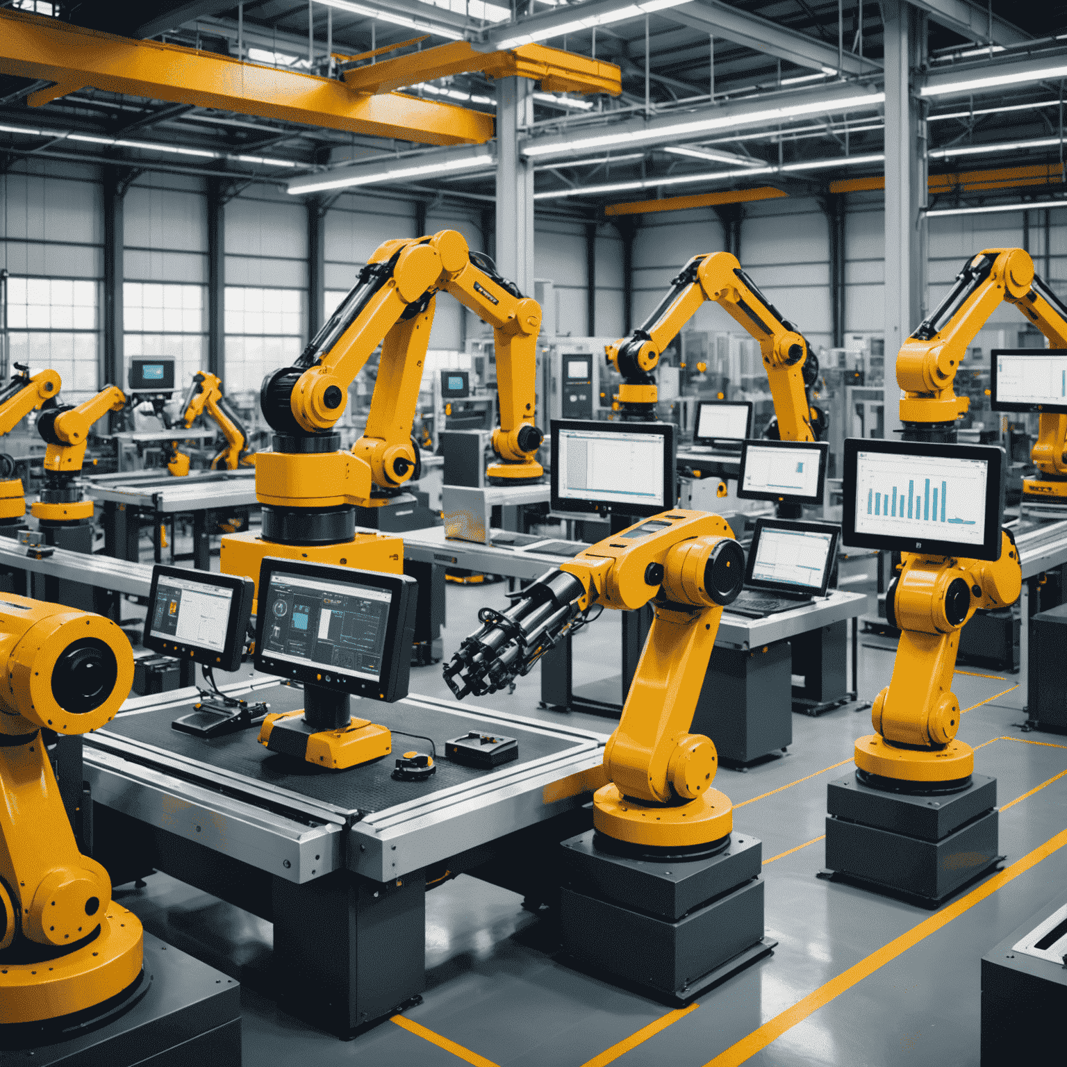A modern smart factory interior with robotic arms, conveyor belts, and workers monitoring digital dashboards. The image showcases seamless integration of human workers and automated systems in a clean, well-lit industrial setting.