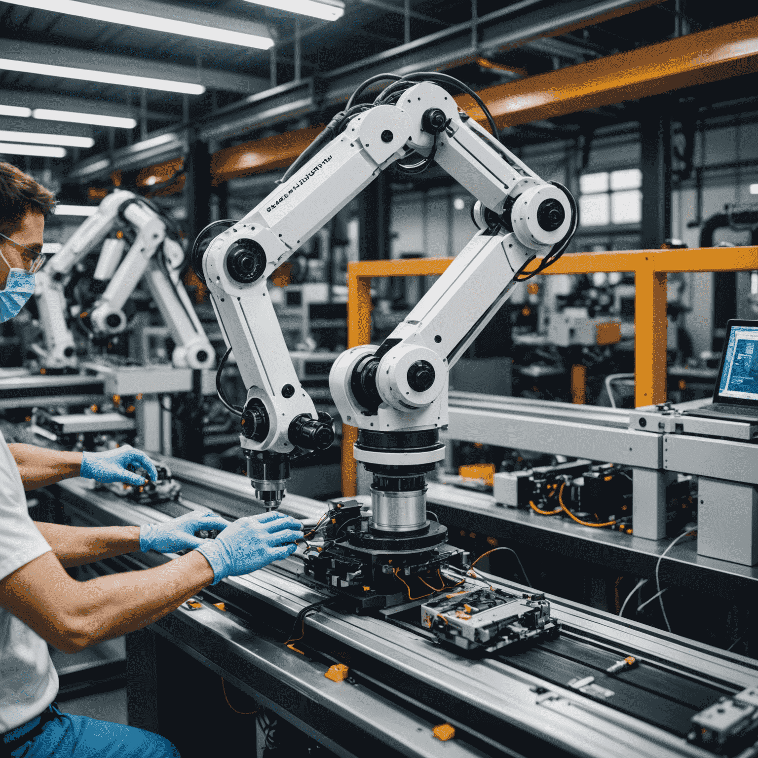 Advanced robotic arm assembling electronic components on a high-tech production line, showcasing precision and speed in manufacturing processes
