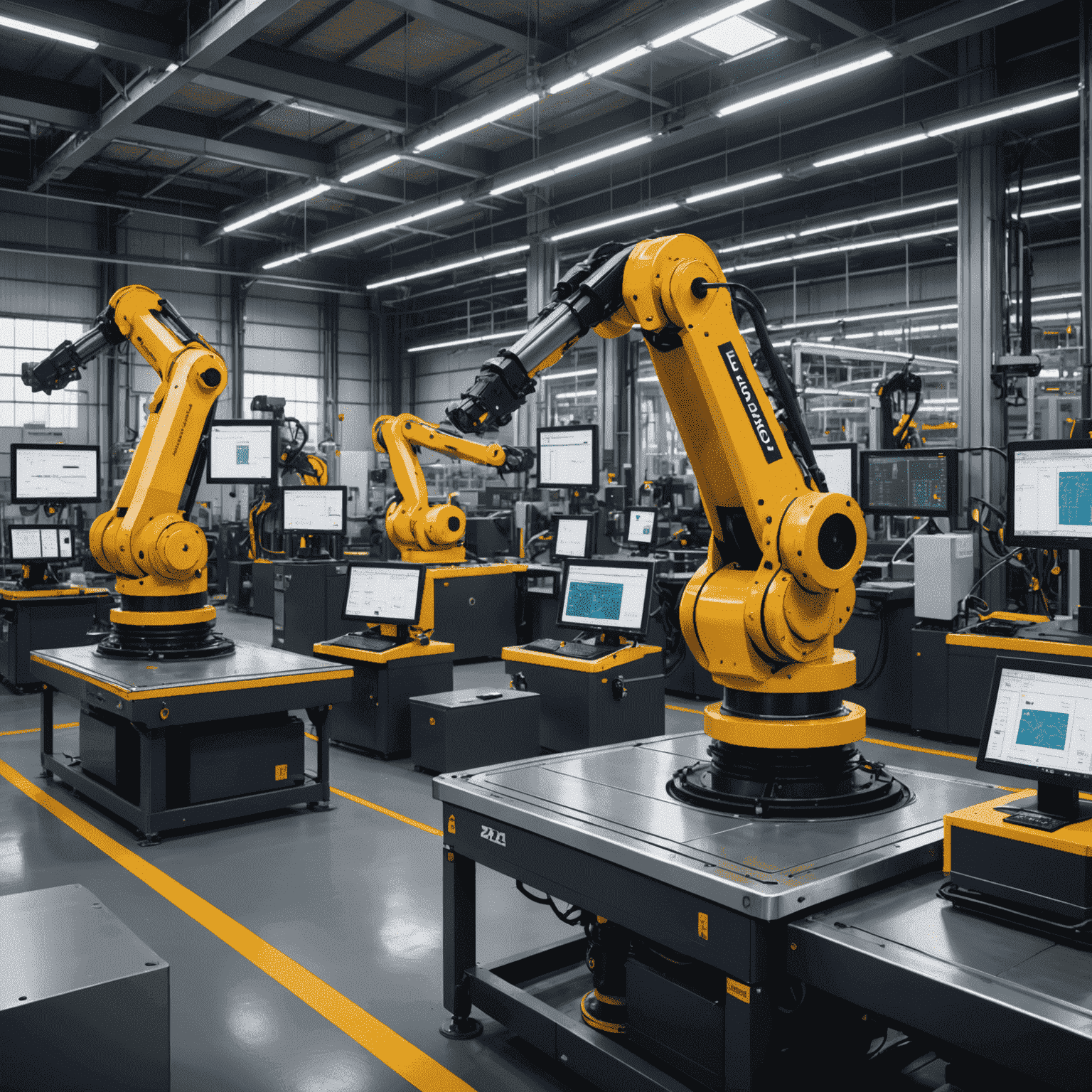 Modern factory floor with robotic arms and AI-powered control systems, showcasing advanced manufacturing processes and real-time data visualization on large screens