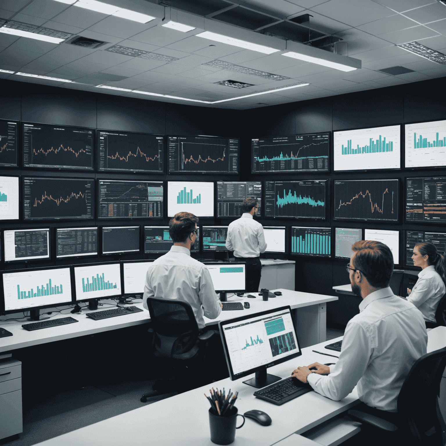 A modern factory control room with multiple large screens displaying real-time data analytics dashboards. Engineers are analyzing the information and making decisions based on the visualizations.
