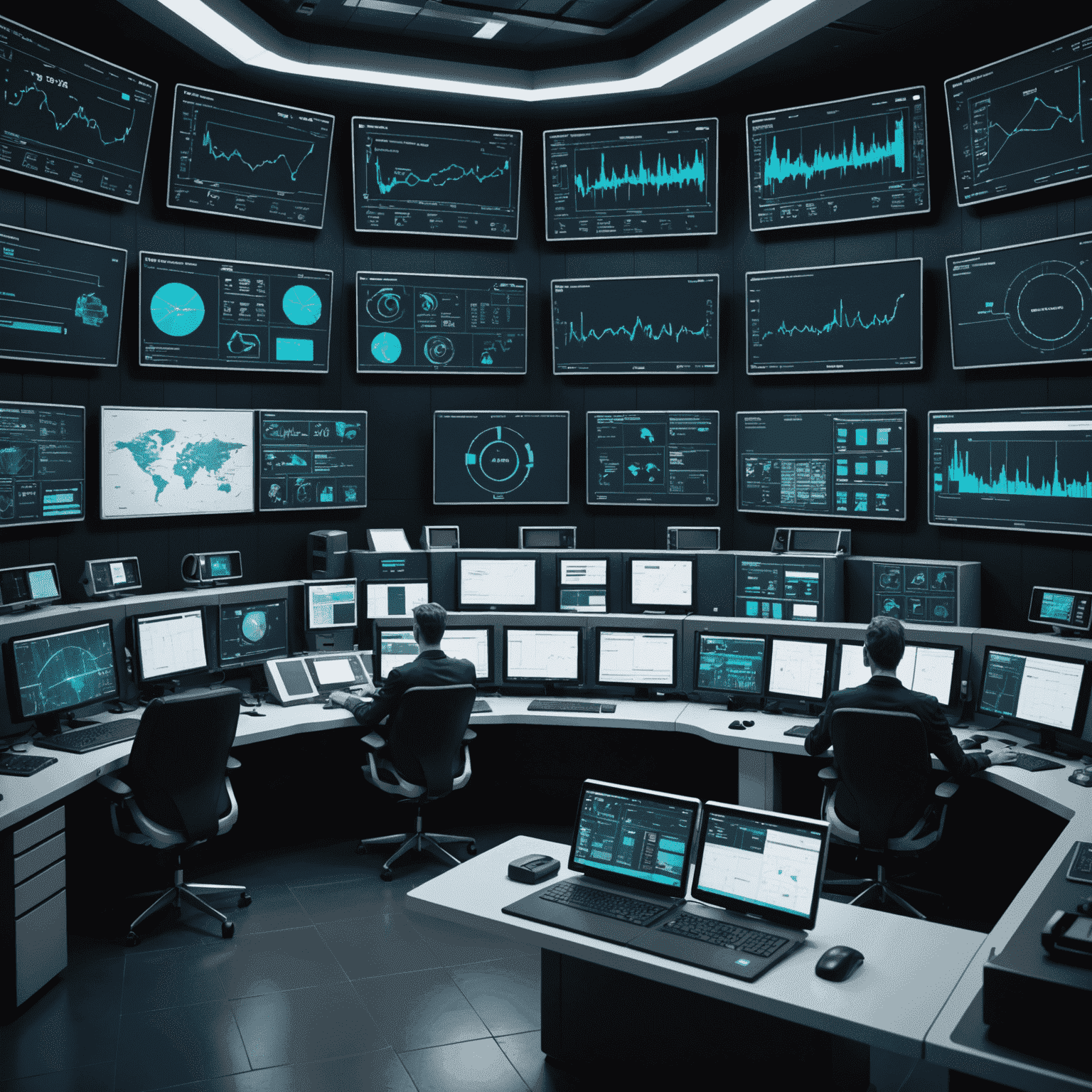 A futuristic control room with large screens displaying real-time manufacturing data and AI-powered analytics dashboards