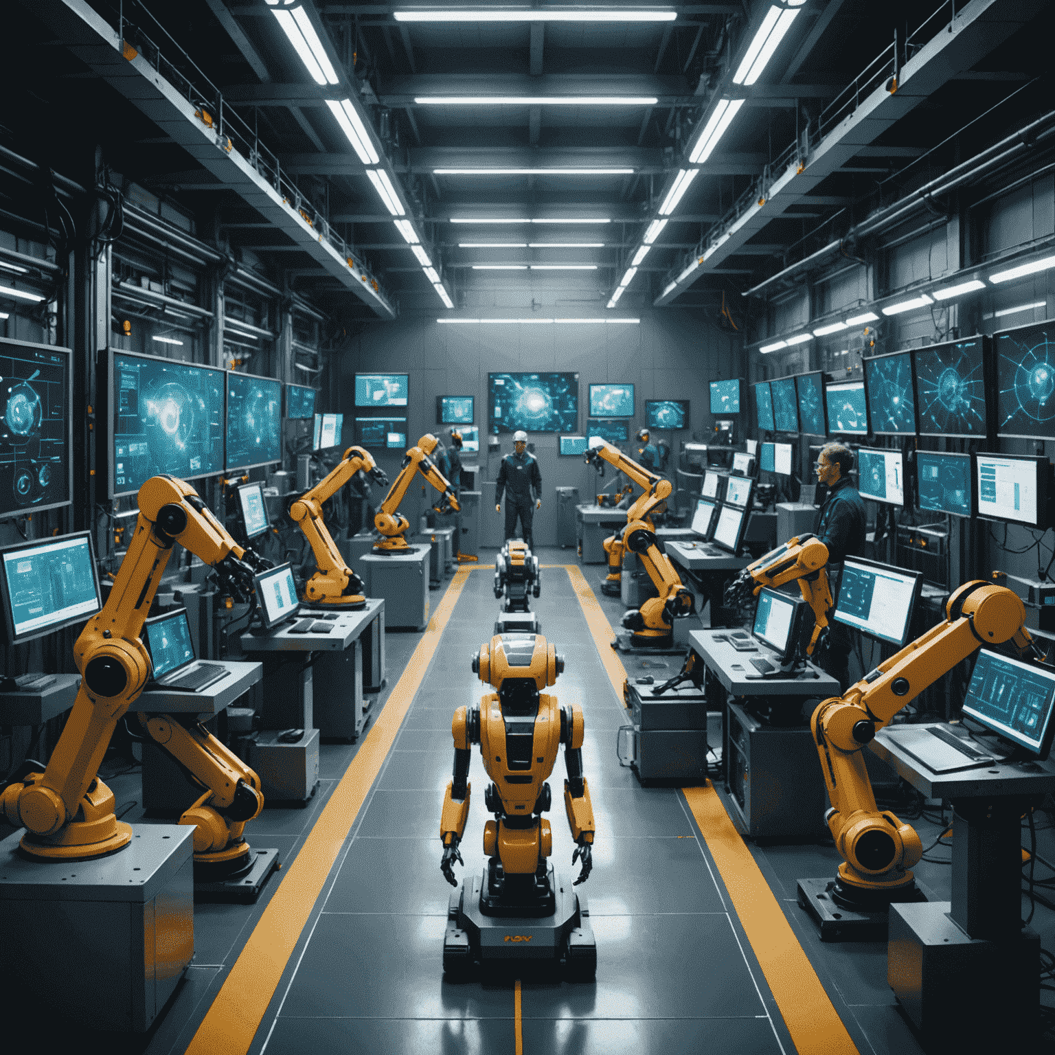 Futuristic factory floor with robots and humans working side by side, surrounded by holographic displays showing real-time data