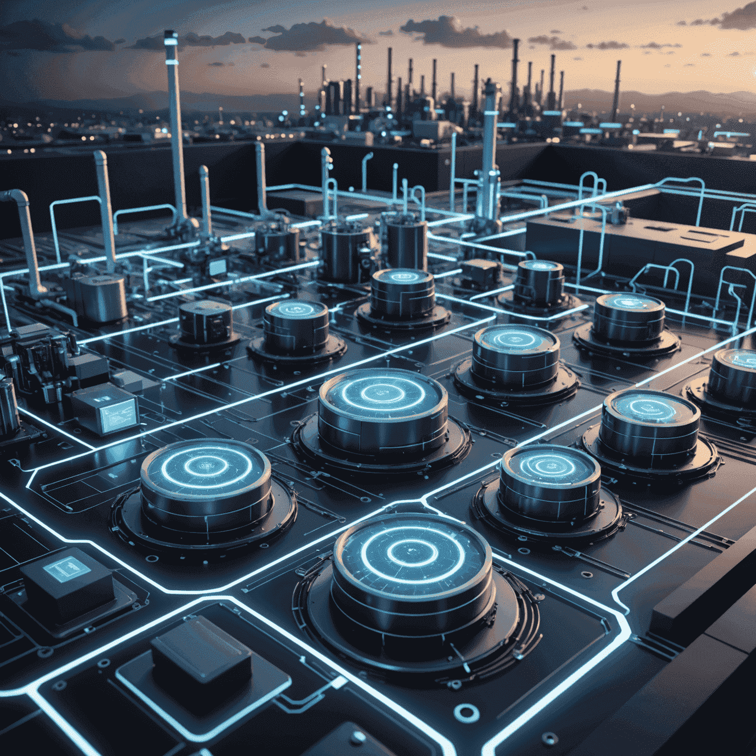 A 3D visualization of a smart factory ecosystem showing interconnected machines, cloud computing, and data flows represented by glowing lines.