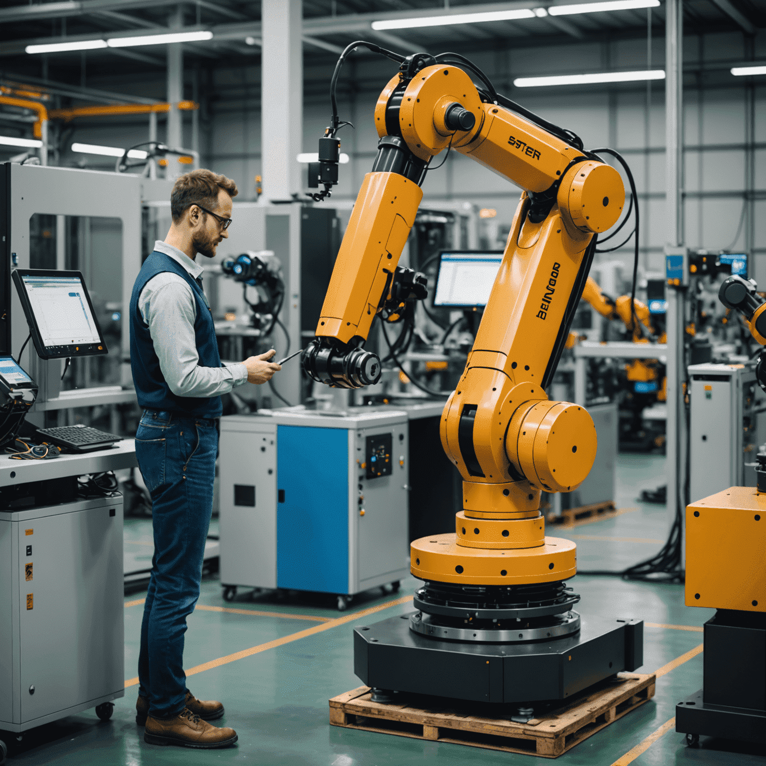Collaborative robot working alongside human operator in a smart factory setting, demonstrating the synergy between human expertise and robotic precision