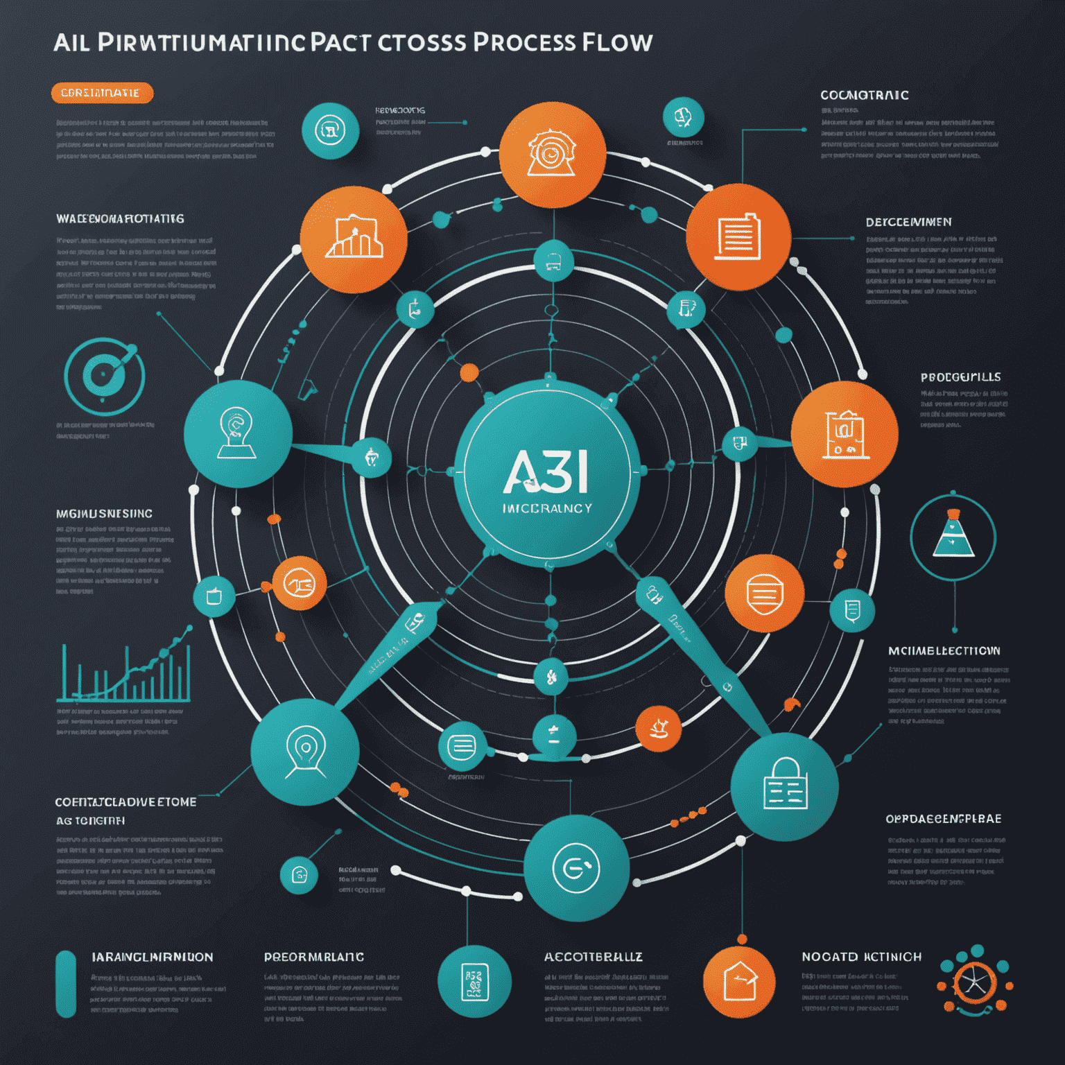 Infographic showing AI-driven manufacturing process flow, with data points, predictive analytics, and optimization algorithms visualized in an engaging, high-tech style