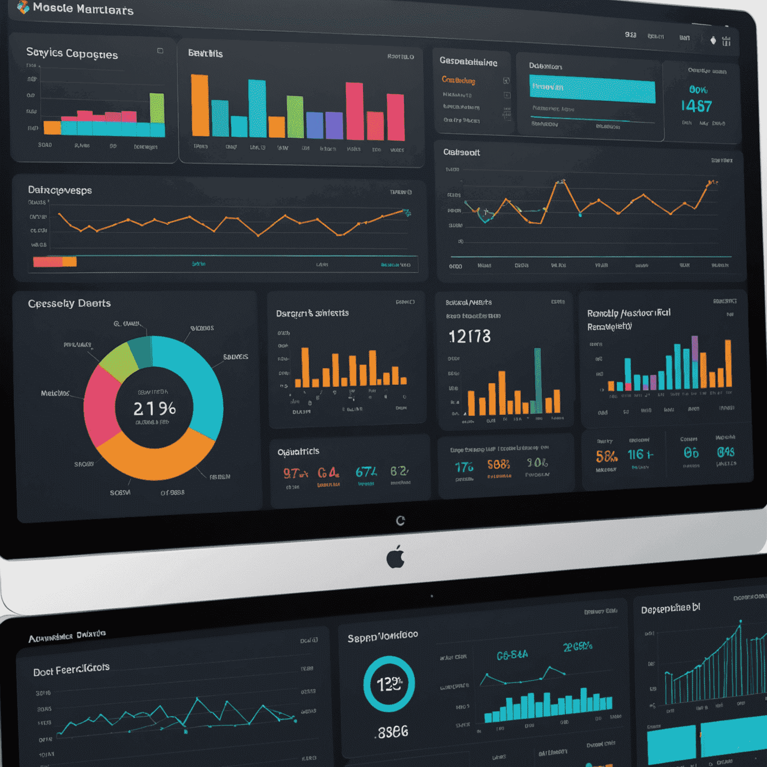 A series of data analytics dashboards showing real-time manufacturing metrics, including production output, quality control, and equipment efficiency. The interface is modern and user-friendly, with interactive charts and graphs.