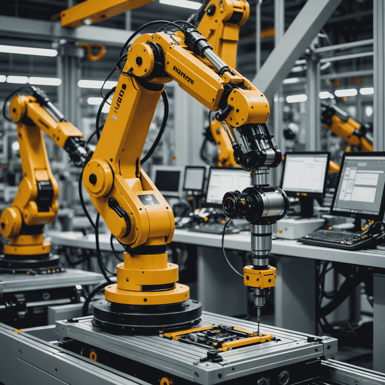 Advanced robotic arm performing precise assembly tasks on a high-tech production line