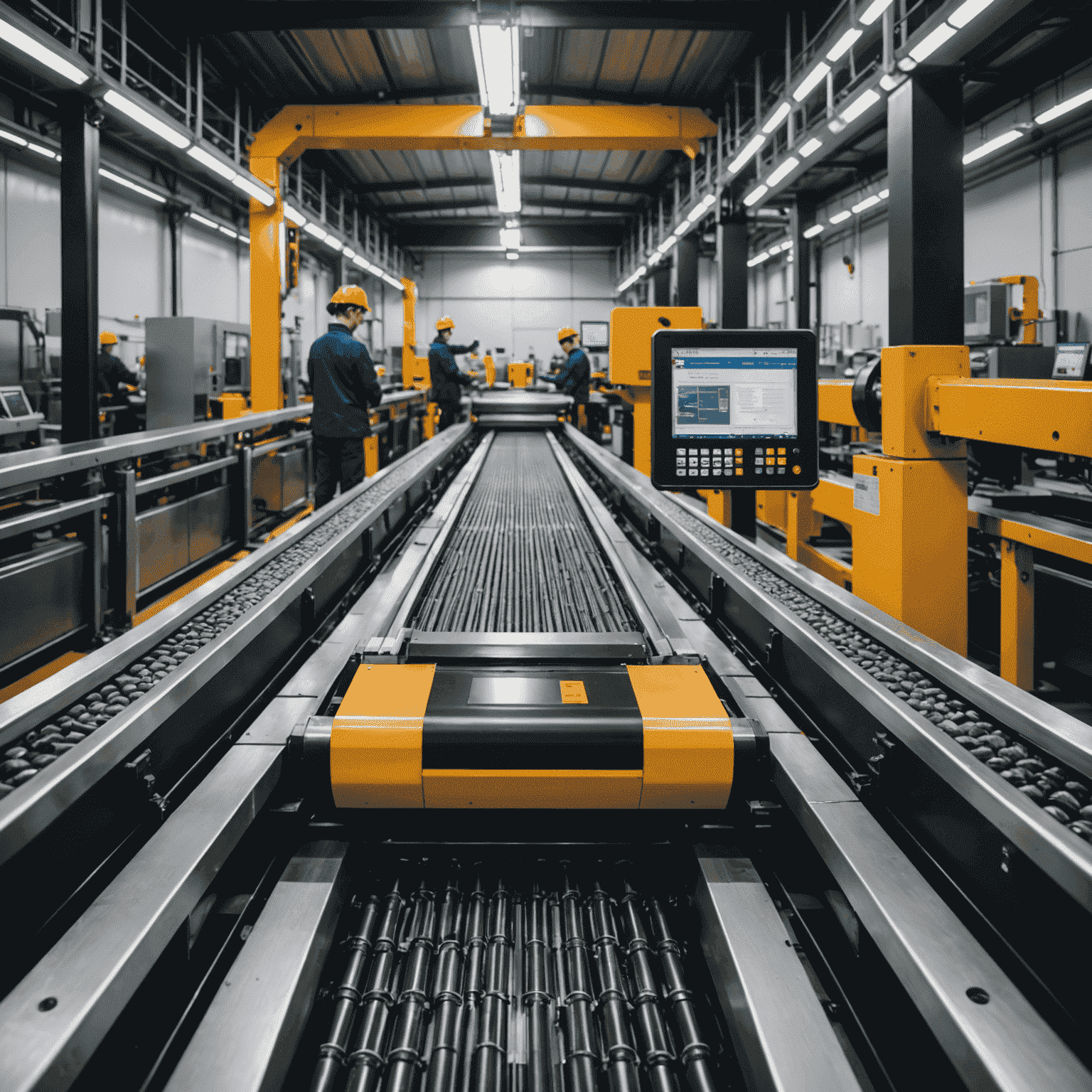 Advanced machine vision system inspecting products on a conveyor belt, using AI algorithms to detect defects with high accuracy