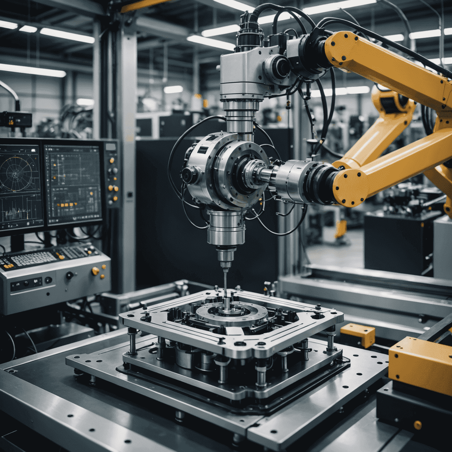 Abstract visualization of AI neural networks overlaid on manufacturing equipment, symbolizing intelligent decision-making in production processes