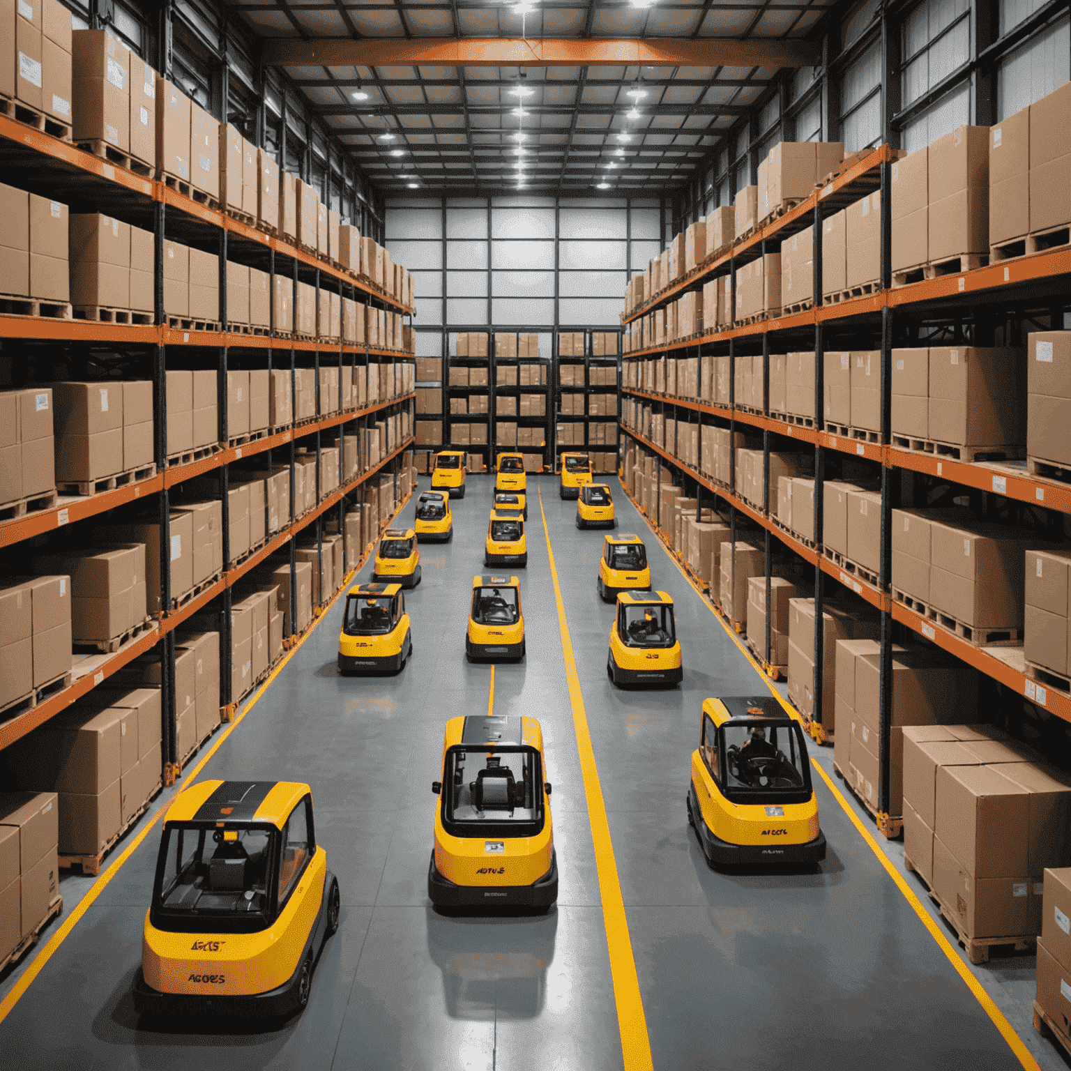 Fleet of automated guided vehicles (AGVs) navigating through a warehouse, efficiently transporting materials and optimizing logistics flow