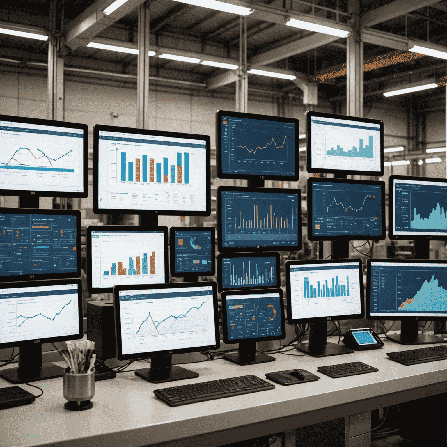 Multiple screens displaying real-time graphs, charts, and KPIs from various manufacturing processes