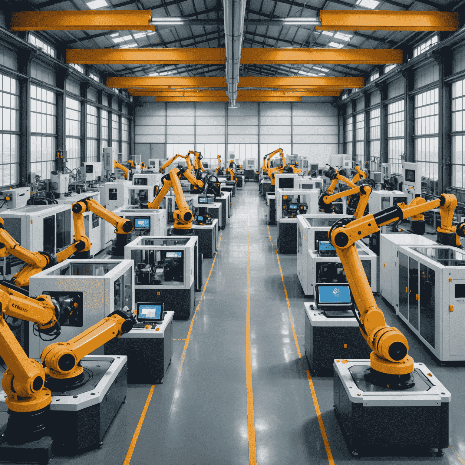 Panoramic view of a fully automated smart factory with interconnected machines, robots, and IoT devices working in harmony to create a highly efficient and data-driven manufacturing environment
